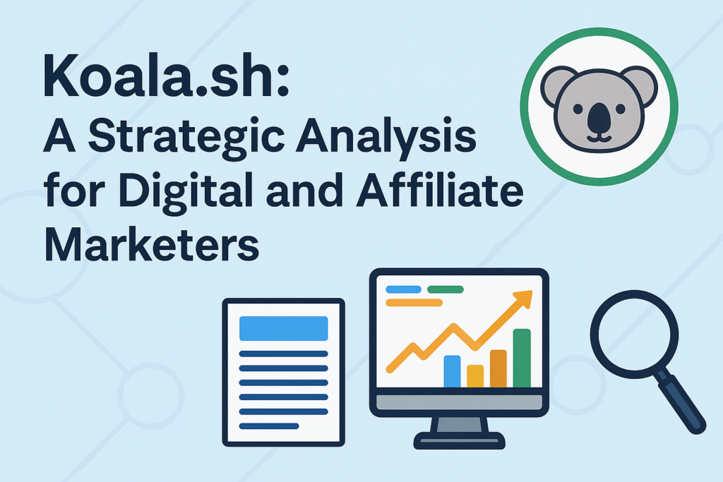 Illustration for the Koala AI + SEO content suite review (2025) showing a document and charts for digital and affiliate marketers