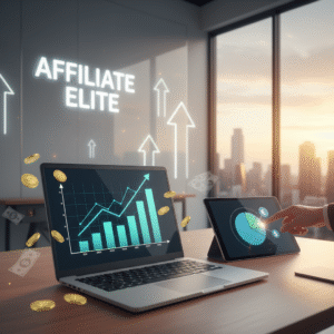 Laptop displaying bar graph and pie chart with upward arrows and coins representing affiliate marketing growth for the Affiliate Elite concept