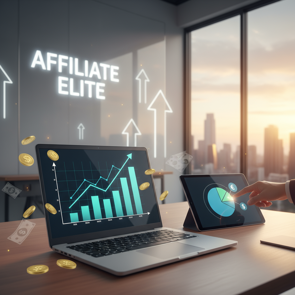 Affiliate Marketing 101: How to Make Your First $1,000 Laptop displaying bar graph and pie chart with upward arrows and coins representing affiliate marketing growth for the Affiliate Elite concept