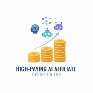 AI affiliate opportunity illustration with rising coins and AI icons