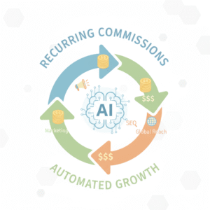 Recurring commissions in AI affiliate marketing represented with arrows and dollar signs
